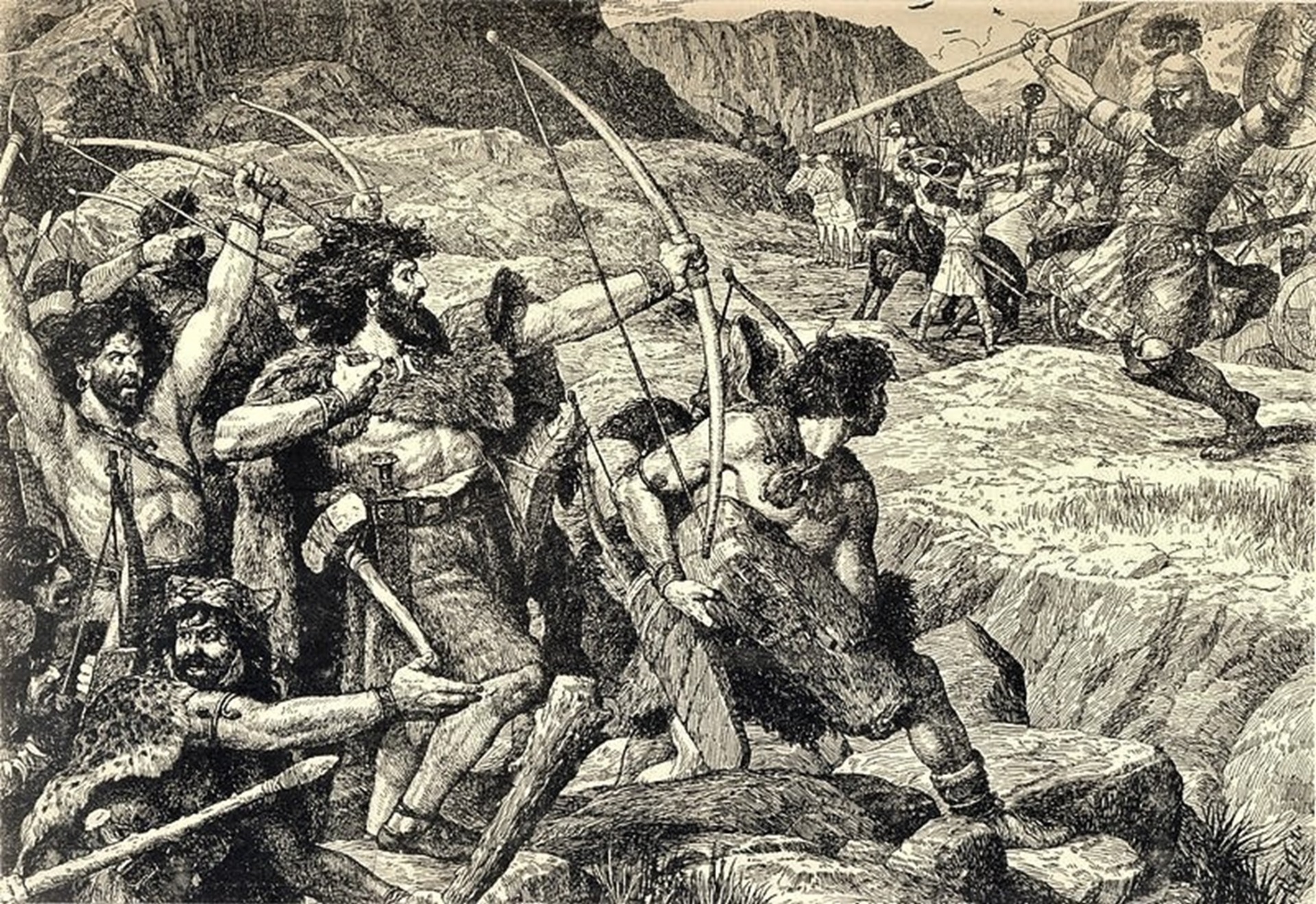 El patriarca Haig hiere de muerte al rey babilonio Pel. (Grabado de Joseph Rotter, 1939). Esta victoria marca el origen mitológico del pueblo armenio.