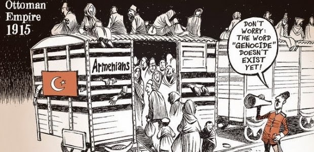 Mientras los armenios son subidos a los vagones del tren, el gendarme turco les dice: “No se preocupen: la palabra ‘Genocidio’ todavía no existe” (Publicada en New York Times).